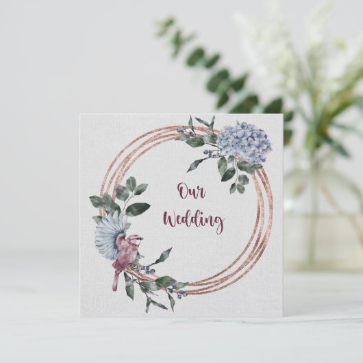 Waterverf Roze en Bourgogne Bloemen en vogels Kaart (Staand voorkant)