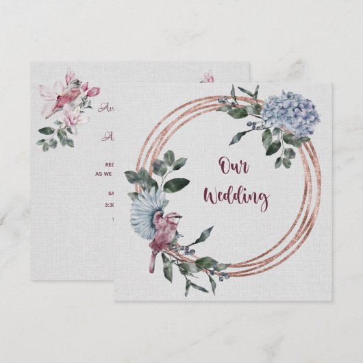 Waterverf Roze en Bourgogne Bloemen en vogels Kaart (Voorkant / Achterkant)