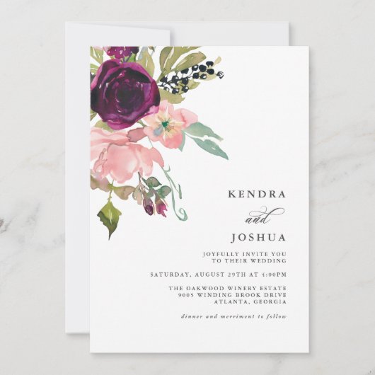 Waterverf Roze en Bourgondië Boeket Bruiloft Kaart (Voorkant)