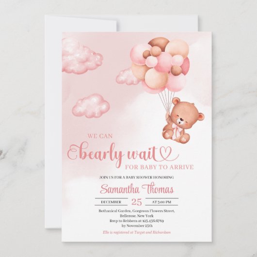 Waterverf roze en bruin meisje baby shower kaart (Voorkant)