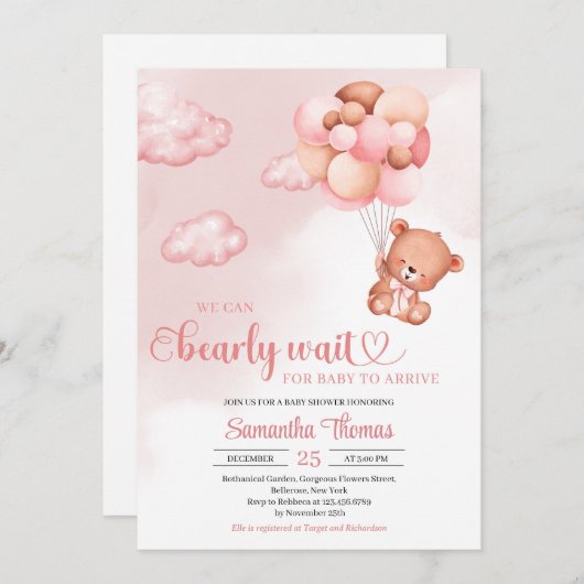 Waterverf roze en bruin meisje baby shower kaart (Voorkant / Achterkant)