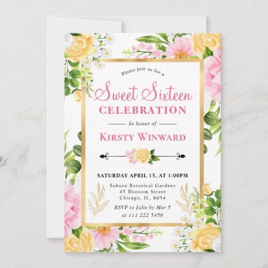 Waterverf Roze en Geel Bloemen Sweet 16 Kaart (Voorkant)