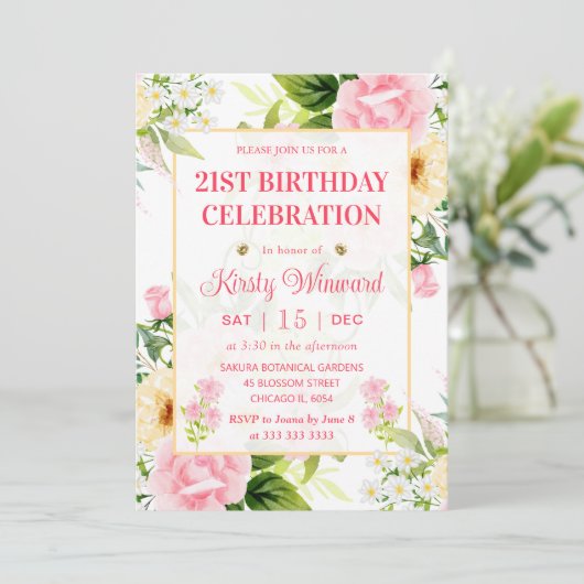 Waterverf Roze en Geel Bloemen Verjaardag Kaart (Staand voorkant)