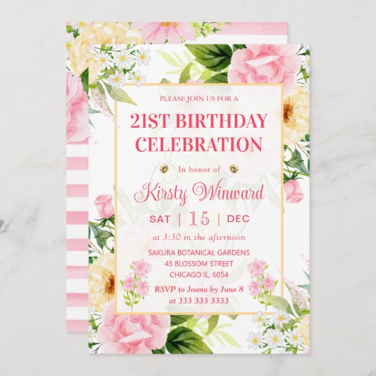 Waterverf Roze en Geel Bloemen Verjaardag Kaart (Voorkant / Achterkant)