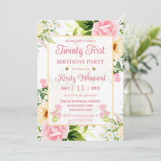 Waterverf Roze en Gele Bloemen 21e verjaardag Kaart (Staand voorkant)