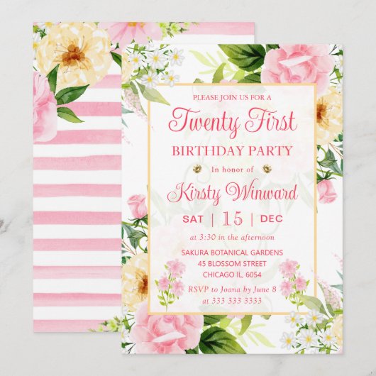 Waterverf Roze en Gele Bloemen 21e verjaardag Kaart (Voorkant / Achterkant)
