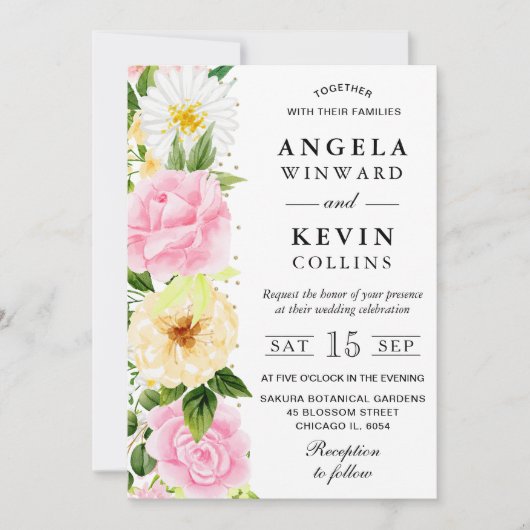 Waterverf Roze en Gele Bloemen Bruiloft Kaart (Voorkant)