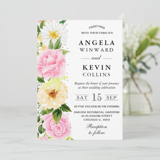 Waterverf Roze en Gele Bloemen Bruiloft Kaart (Staand voorkant)