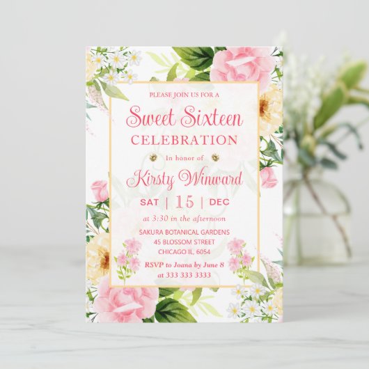 Waterverf Roze en Gele Bloemen Zachte Zestien Kaart (Staand voorkant)