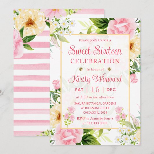 Waterverf Roze en Gele Bloemen Zachte Zestien Kaart (Voorkant / Achterkant)