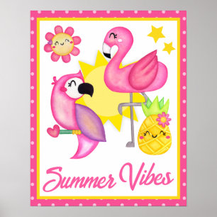 Waterverf roze en gele tropische vogels zomer poster