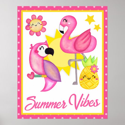 Waterverf roze en gele tropische vogels zomer poster (Voorkant)