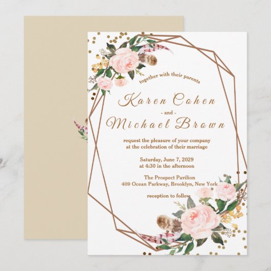 Waterverf Roze en Gold Boho Chic Floral Wedding Kaart (Voorkant / Achterkant)