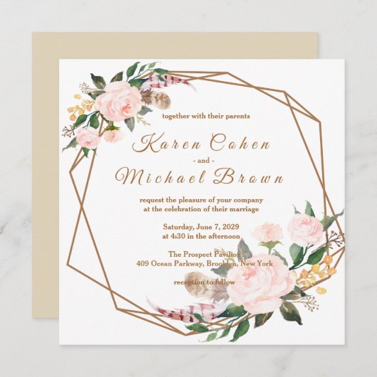 Waterverf Roze en Gold Boho Chic Floral Wedding Kaart (Voorkant / Achterkant)