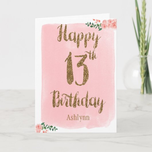 Waterverf Roze en Gold Glitter 13e verjaardag Kaart (Voorkant)