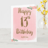 Waterverf Roze en Gold Glitter 13e verjaardag Kaart (Gele Bloem)