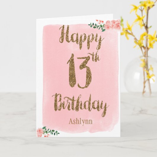 Waterverf Roze en Gold Glitter 13e verjaardag Kaart (Gele Bloem)
