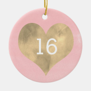 Waterverf Roze en Gold Heart 16e verjaardag Ceram Keramisch Ornament
