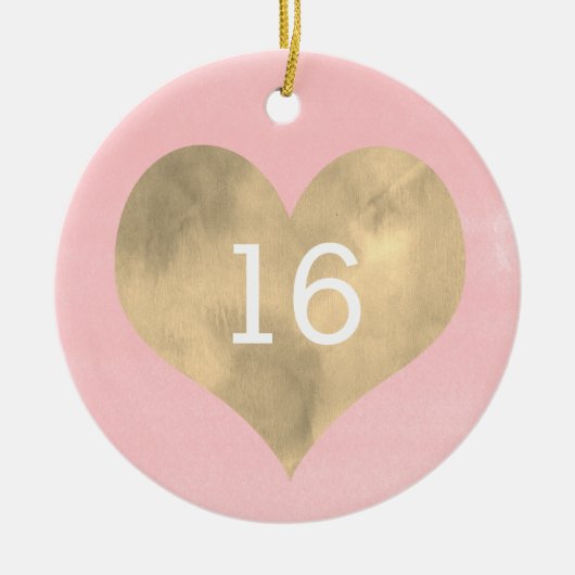 Waterverf Roze en Gold Heart 16e verjaardag Ceram Keramisch Ornament (Voorkant)