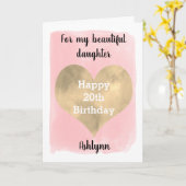 Waterverf Roze en Gold Heart 20e verjaardag Kaart (Gele Bloem)