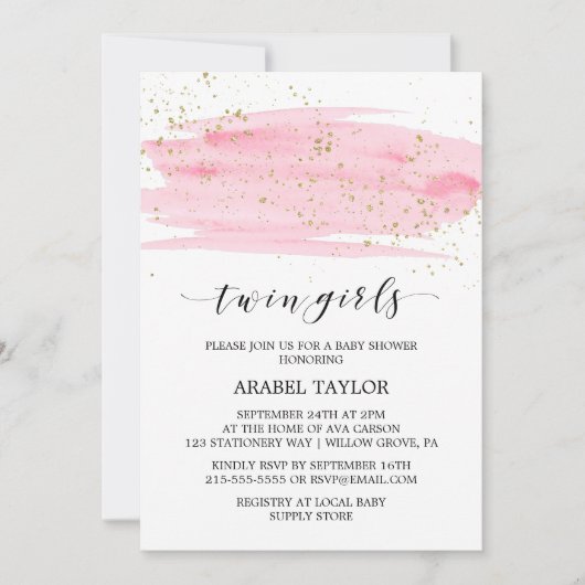Waterverf Roze en Gold Twin Girls Baby shower Kaart (Voorkant)
