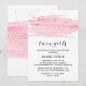 Waterverf Roze en Gold Twin Girls Baby shower Kaart (Voorkant / Achterkant)