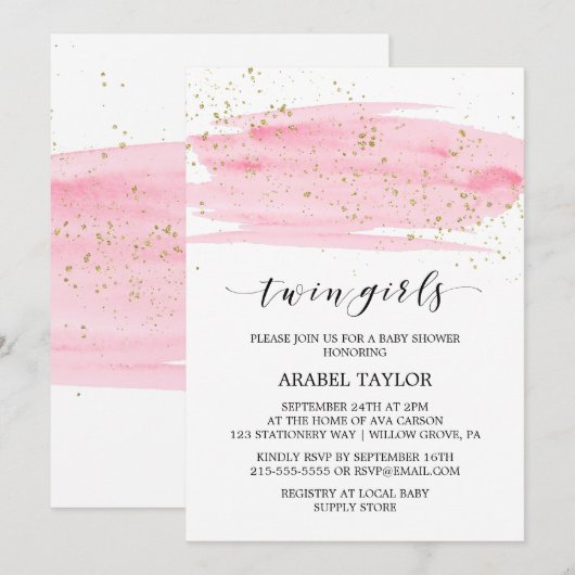 Waterverf Roze en Gold Twin Girls Baby shower Kaart (Voorkant / Achterkant)