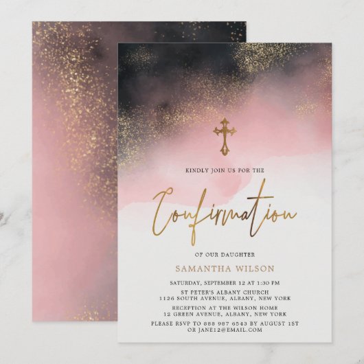 Waterverf roze en goud bevestiging kaart (Voorkant / Achterkant)