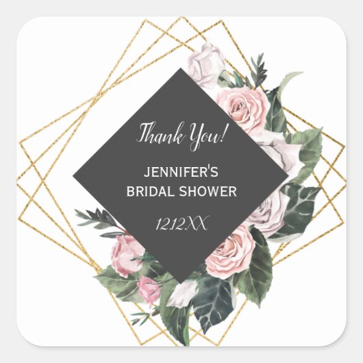 Waterverf Roze en goudbloemen Vierkante Sticker (Voorkant)