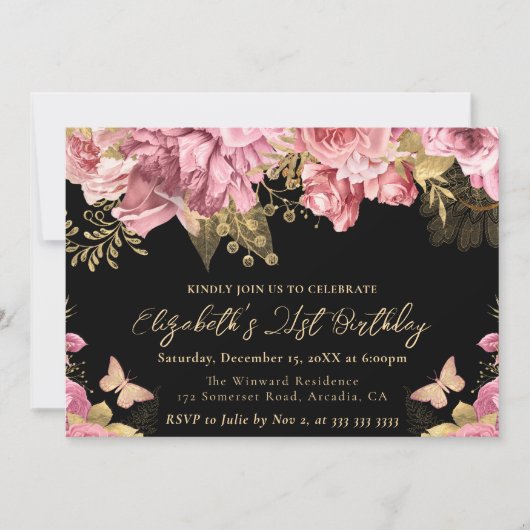 Waterverf Roze en Gouden Bloemen 21ste Verjaardag Kaart (Voorkant)