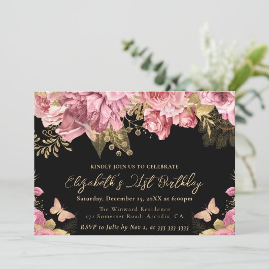 Waterverf Roze en Gouden Bloemen 21ste Verjaardag Kaart (Staand voorkant)