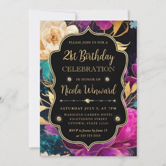 Waterverf Roze en Gouden Bloemen 21ste Verjaardag Kaart (Voorkant)