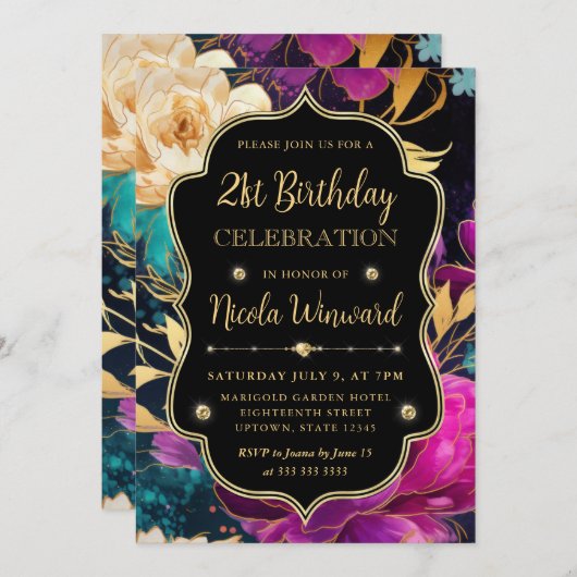 Waterverf Roze en Gouden Bloemen 21ste Verjaardag Kaart (Voorkant / Achterkant)