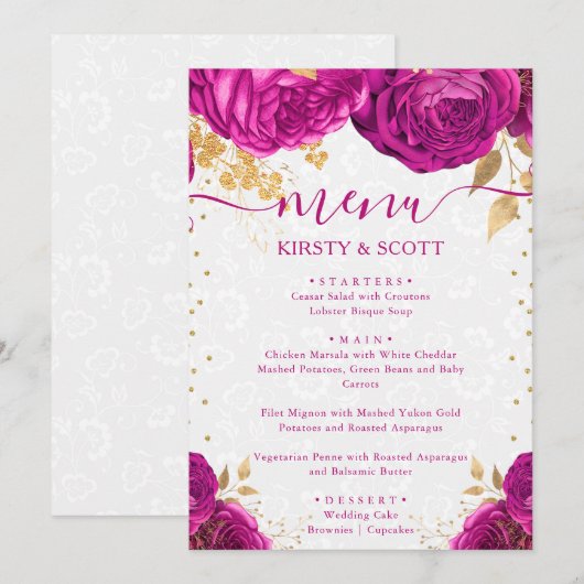 Waterverf Roze en Gouden Bloemen Bruiloft Menu (Voorkant / Achterkant)