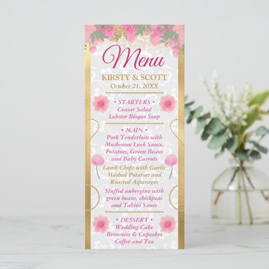 Waterverf Roze en gouden bloemen bruiloft Menu (Staand voorkant)