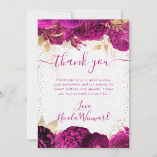 Waterverf Roze en Gouden Bloemen Sweet 16 Bedankkaart