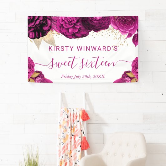 Waterverf roze en gouden bloemen Sweet 16 Spandoek (Insitu)