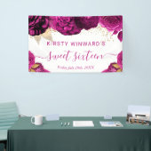 Waterverf roze en gouden bloemen Sweet 16 Spandoek (Beurs)