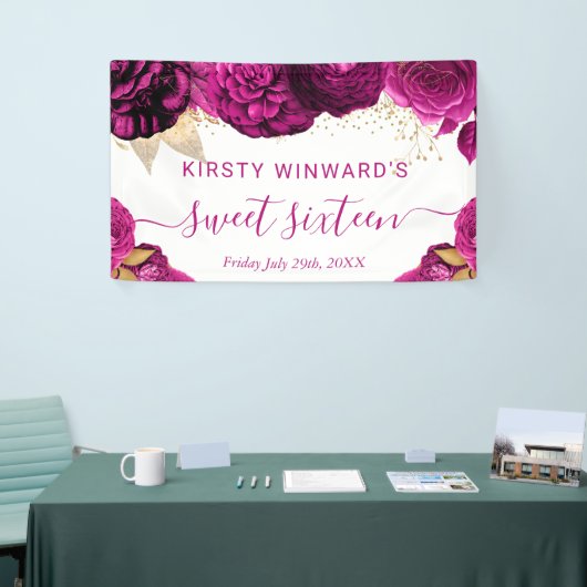Waterverf roze en gouden bloemen Sweet 16 Spandoek (Beurs)