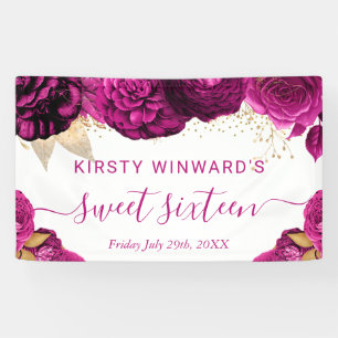 Waterverf roze en gouden bloemen Sweet 16 Spandoek