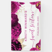 Waterverf roze en gouden bloemen Sweet 16 Spandoek (Verticaal)