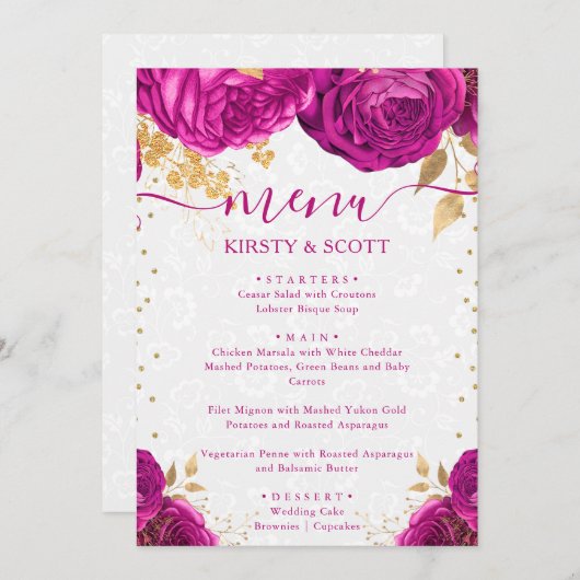 Waterverf Roze en gouden bloemen Weddenschap Menu (Voorkant / Achterkant)