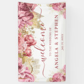 Waterverf Roze en gouden bloemen Weddenschap Spandoek (Verticaal)