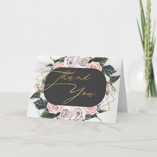 Waterverf Roze en Gouden Bloemrozen Bedankkaart (Voorkant)