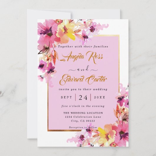 Waterverf - roze en gouden finnen save the date (Voorkant)