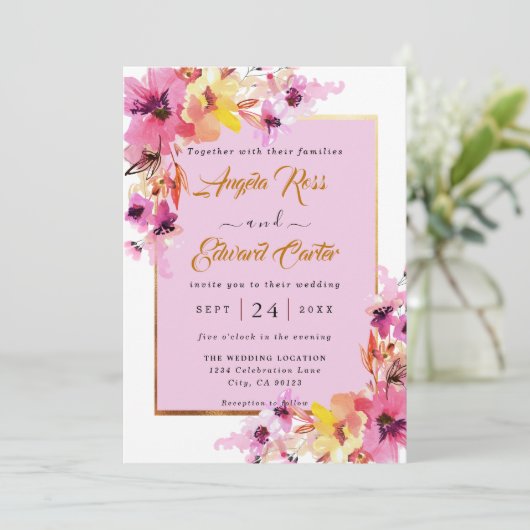 Waterverf - roze en gouden finnen save the date (Staand voorkant)