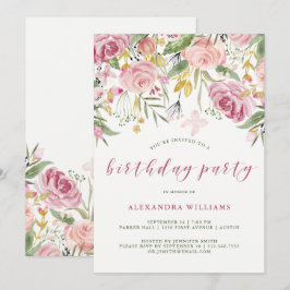 Waterverf Roze en Gouden Floral Birthday Party Kaart