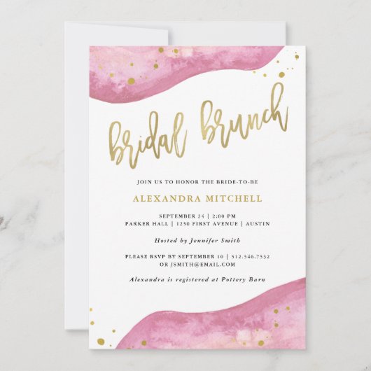 Waterverf Roze en Gouden Geode Bruids Brunch Kaart (Voorkant)