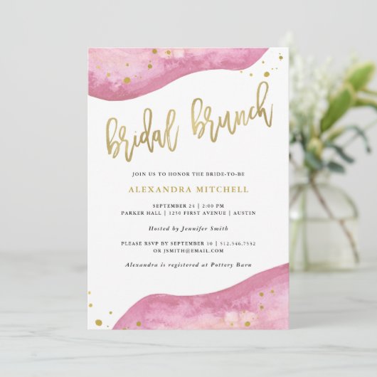Waterverf Roze en Gouden Geode Bruids Brunch Kaart (Staand voorkant)