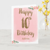 Waterverf Roze en Gouden Glitter 10e Verjaardag Kaart (Gele Bloem)